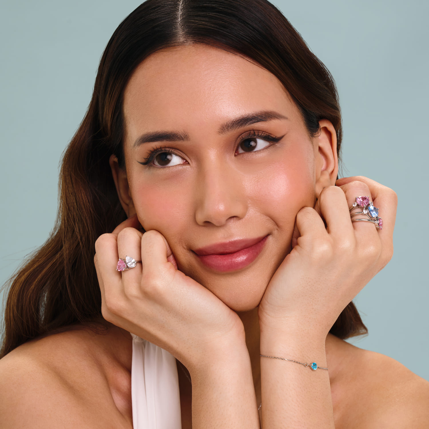 Серебряное кольцо Toi et Moi с фианитами в гранках сердце и груша Серебряное кольцо Toi et Moi с фианитами в гранках сердце и груша